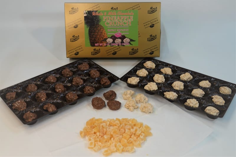 Natural dried Pineapple dipped in Premium Milk chocolate and white chocolate with crispy crunches 5 oz.