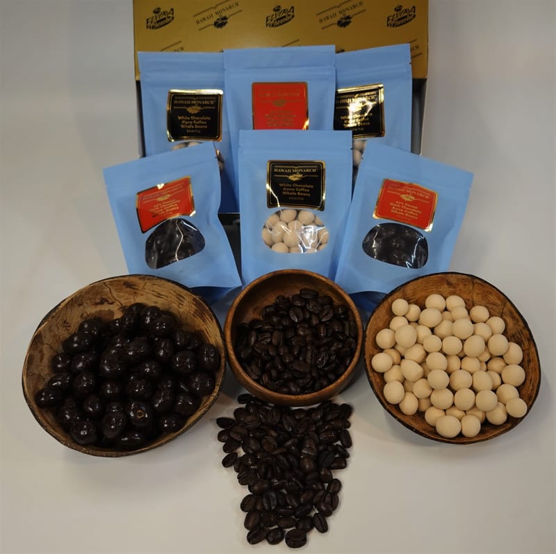 64% Dark Chocolate & White Chocolate covered100% Big Island Kona Coffee Beans