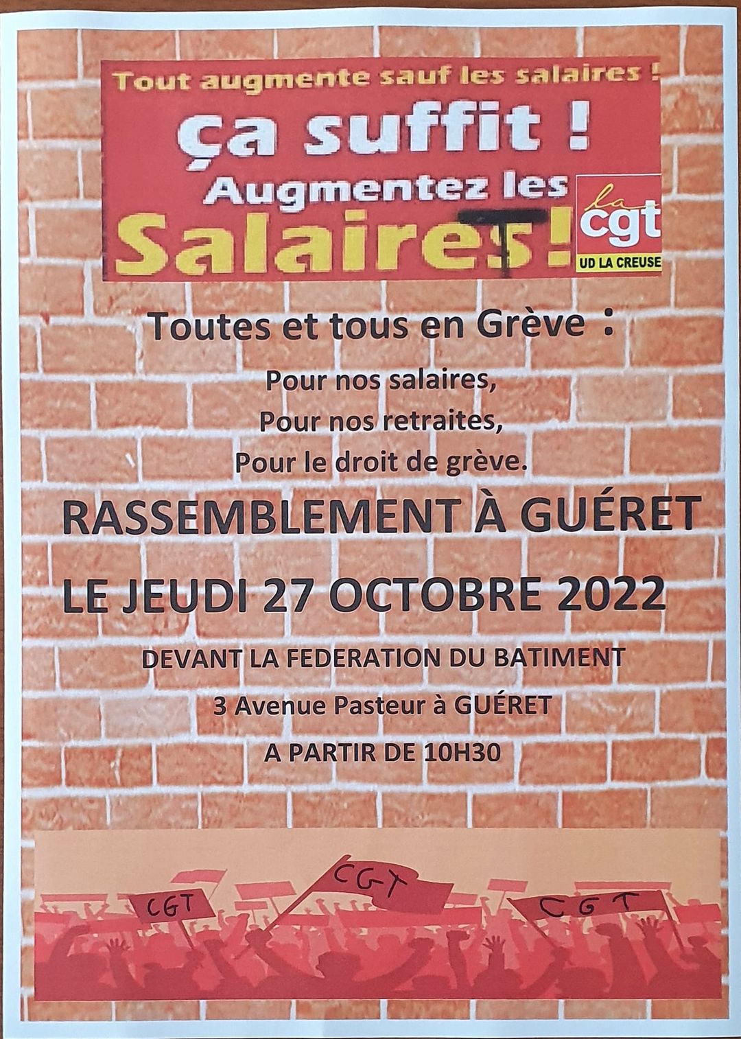 POUR NOS SALAIRES RASSEMBLEMENT LE 27 OCTOBRE DEVANT LA CHAMBRE PATRONALE DU BTP dans la Creuse