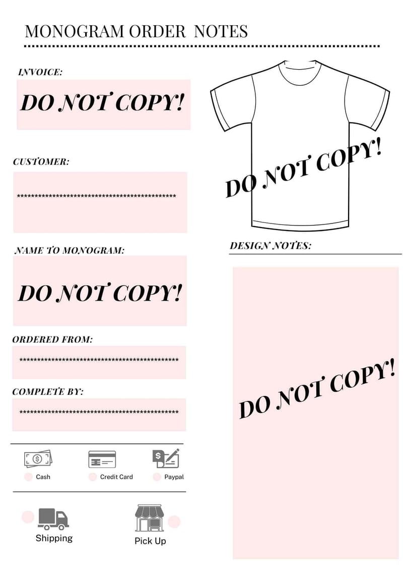 PRINTABLE Monogramming Order Forms, Embroidery Order Form, Order Form