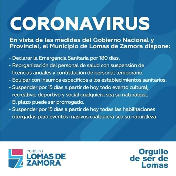 Lomas acompaña las medidas tomadas por el Gobierno Nacional y Provincial y las recomendaciones de los Ministerios de Salud de la Nación, de la Provincia y de nuestra Secretaría de Salud.