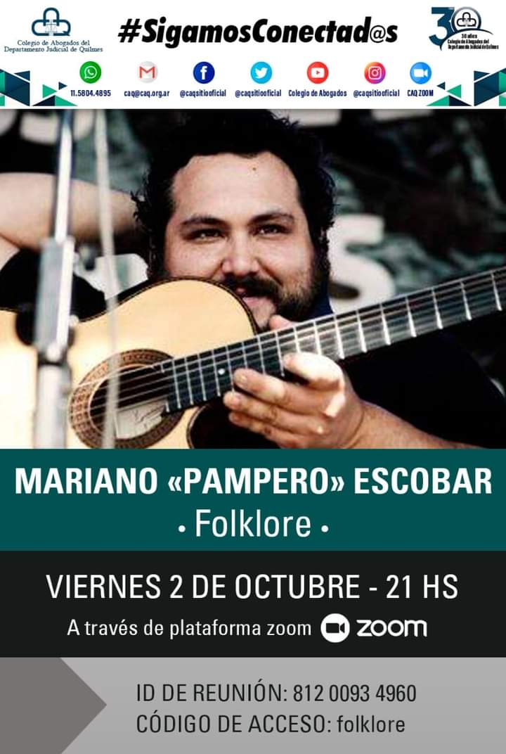 Mariano Escobar, este viernes 21 hs voy a estar tocando en vivo para el Colegio de Abogados de Quilmes.