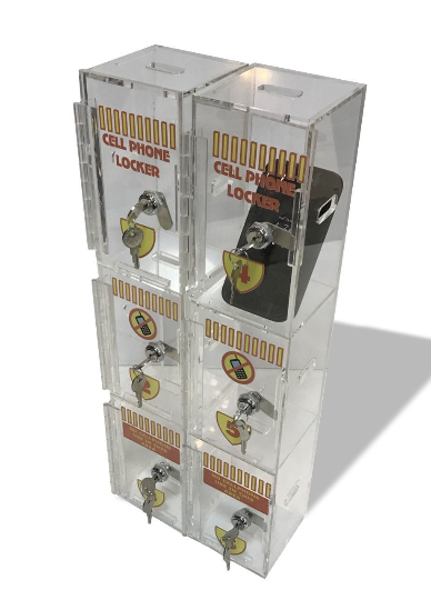 Acrylic cell phone locker display with multiple compartments, featuring clear design and lockable sections for secure storage.