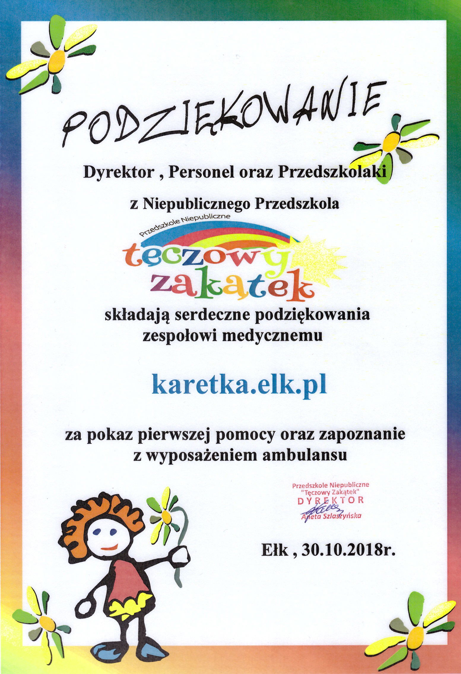 Niepubliczne Przedszkole TĘCZOWY ZAKĄTEK w Ełku - podziękowanie.