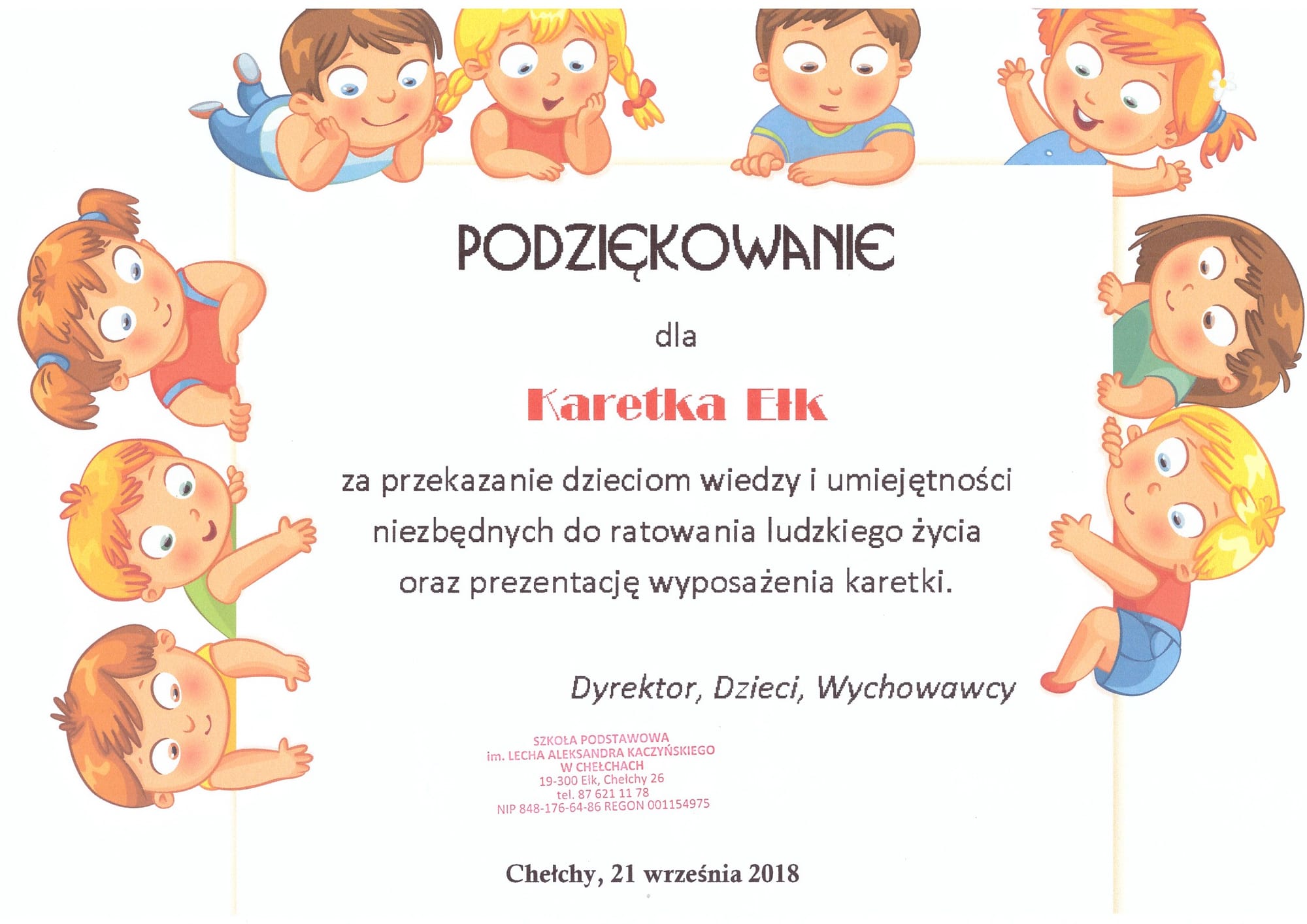 Szkoła Podstawowa w Chełchach - podziękowanie.