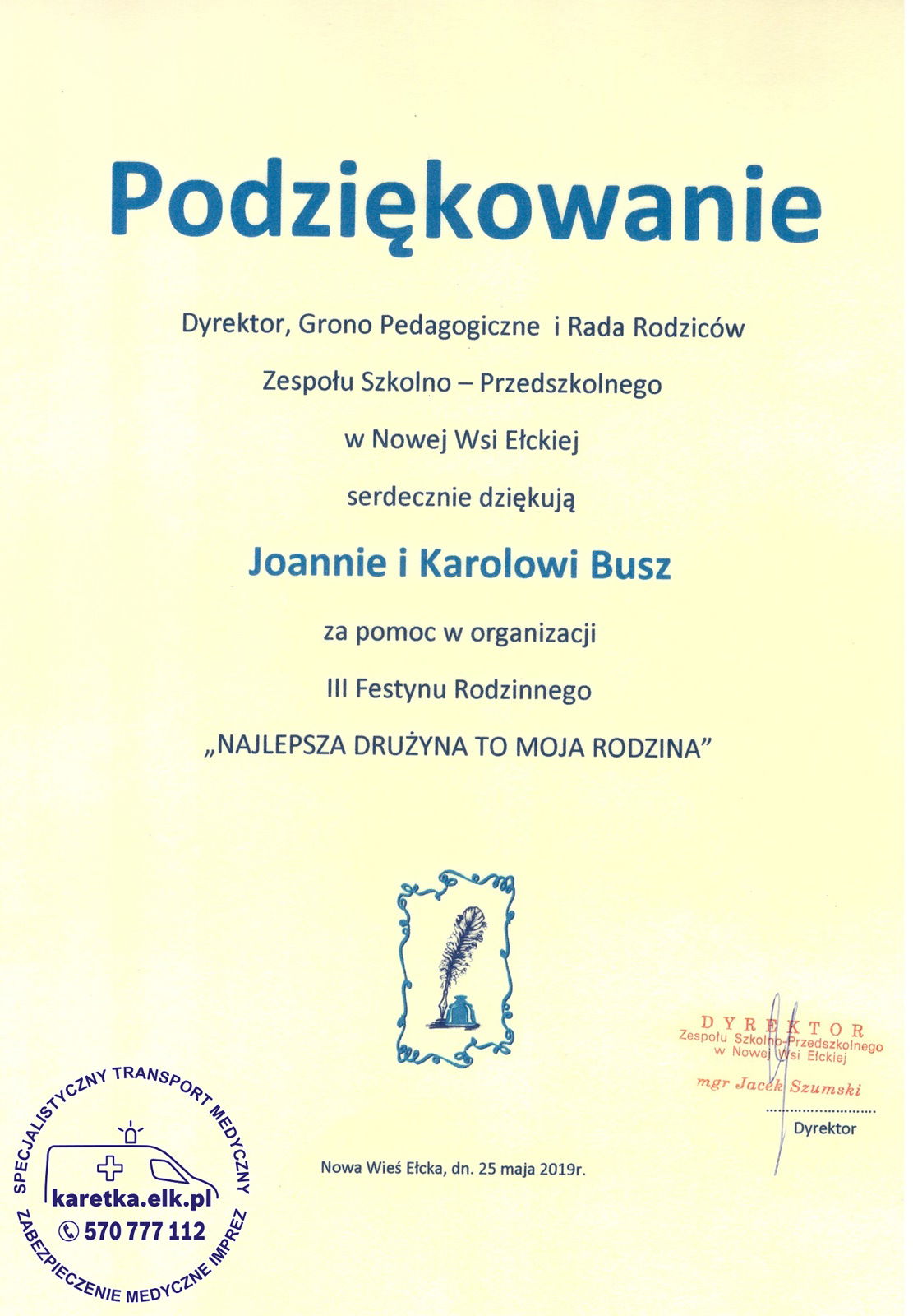 Zespół Szkolno-Przedszkolny w Nowej Wsi Ełckiej - podziękowanie.