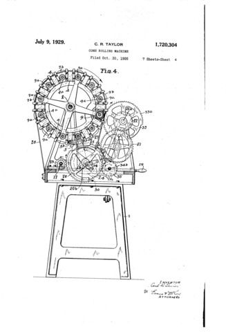 Ice cream cone rolling machine patented by Carl Taylor, Cleveland