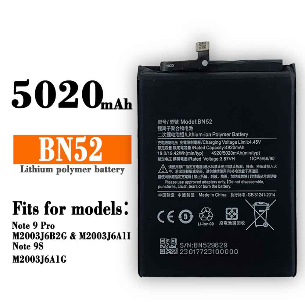 Xiaomi BN52 5020mAh - BN52 Batería para Xiaomi Redmi Note 9,9 Pro,9S,8 Pro