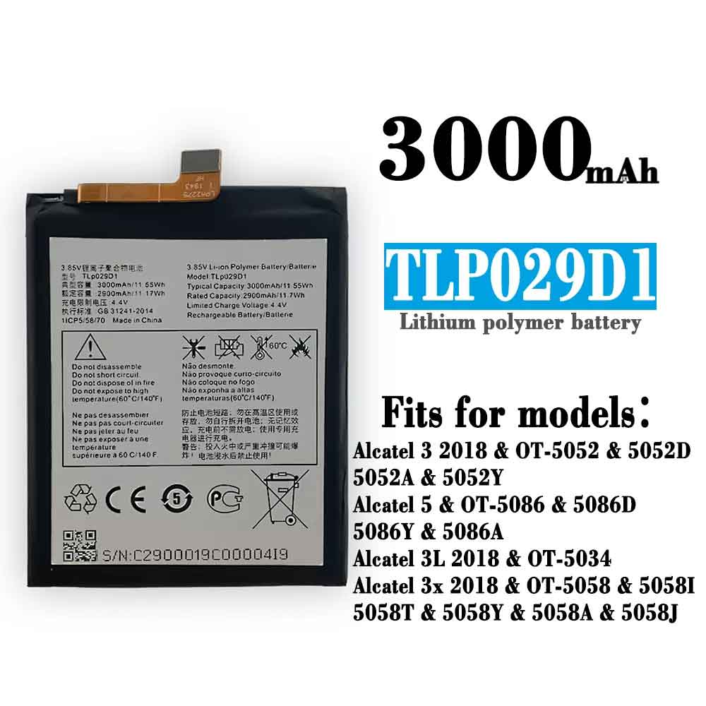 Alcatel TLP029D1 3000mAh - TLP029D1 Batería para Alcatel 3 3X 5 TCL V760 Y660 OT-5052D 5052Y