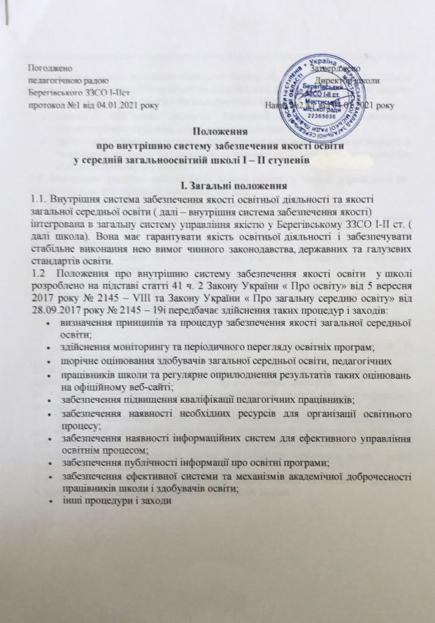 Положення про внутрішню систему забезпечення якості освіти у ЗЗСО І-ІІ ступенів