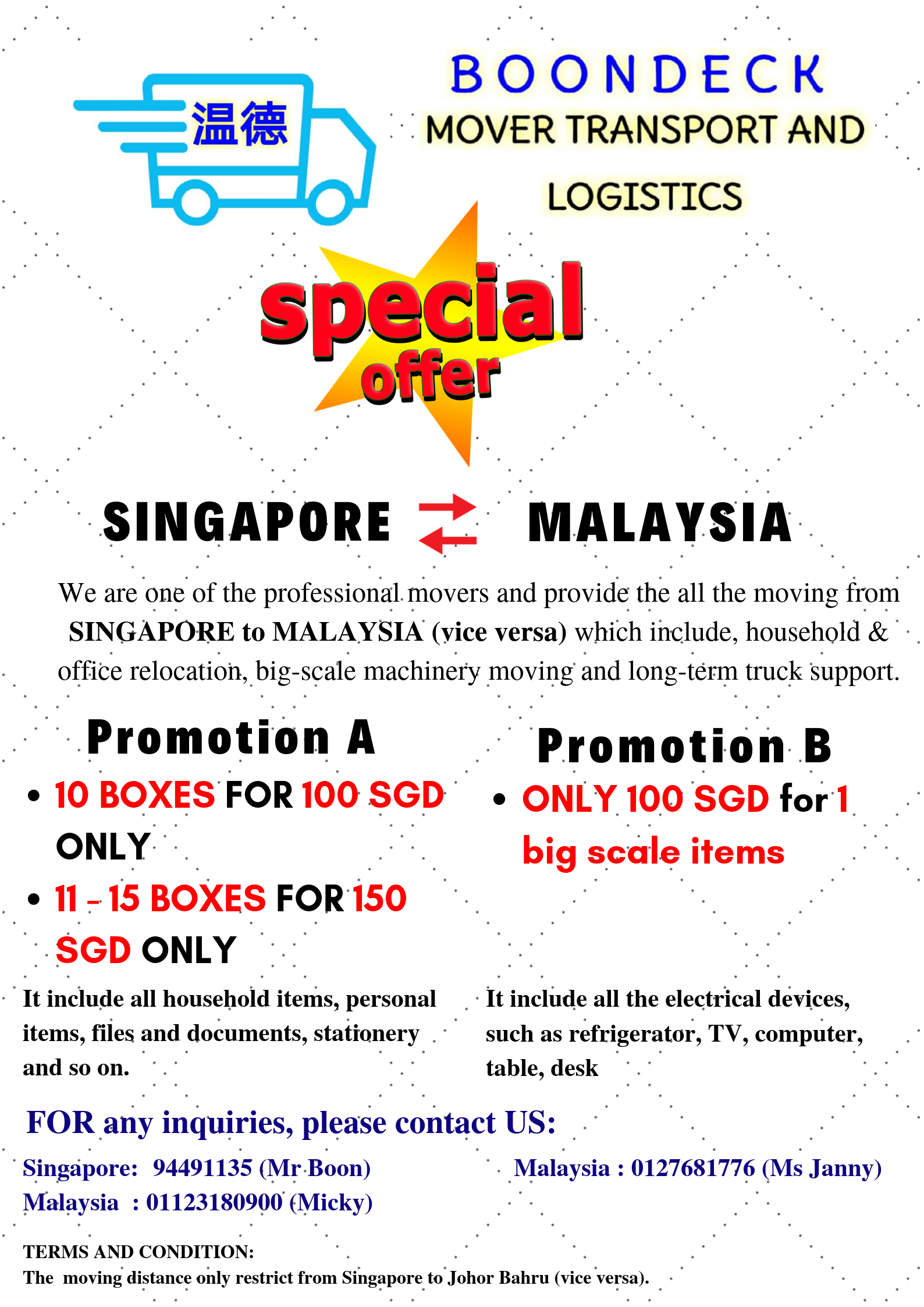 MOVING FROM SINGAPORE TO MALAYSIA ONLY 100 SGD