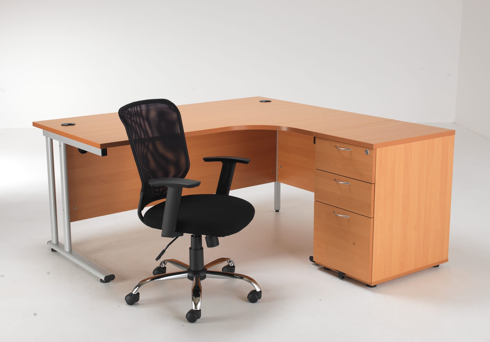 RADIAL DESK WITH DESK HIGH PED + CHAIR