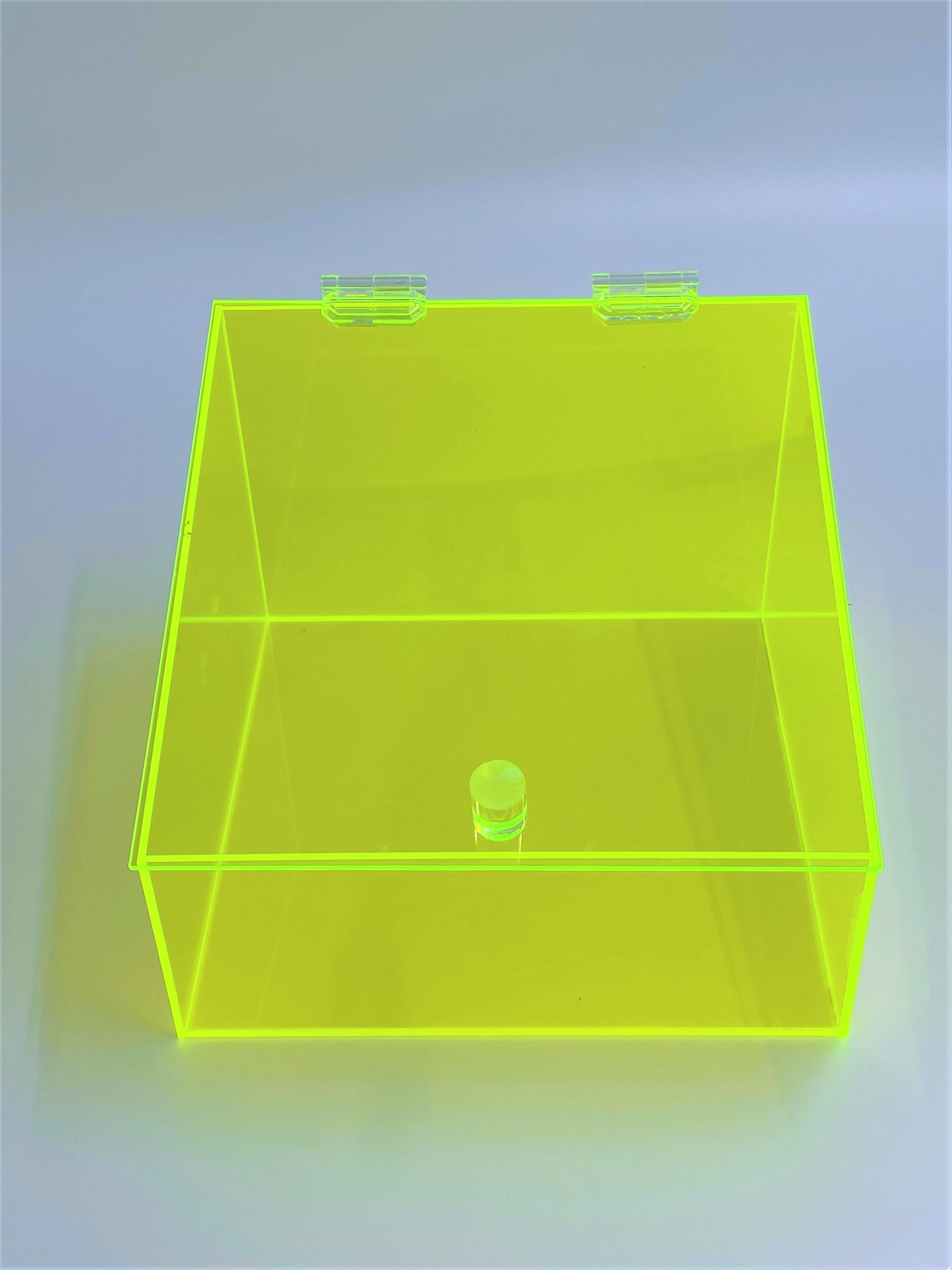 Custom Wall Mounted Fluorescent Green Acrylic Slanted Bin W/ Hinged Lid