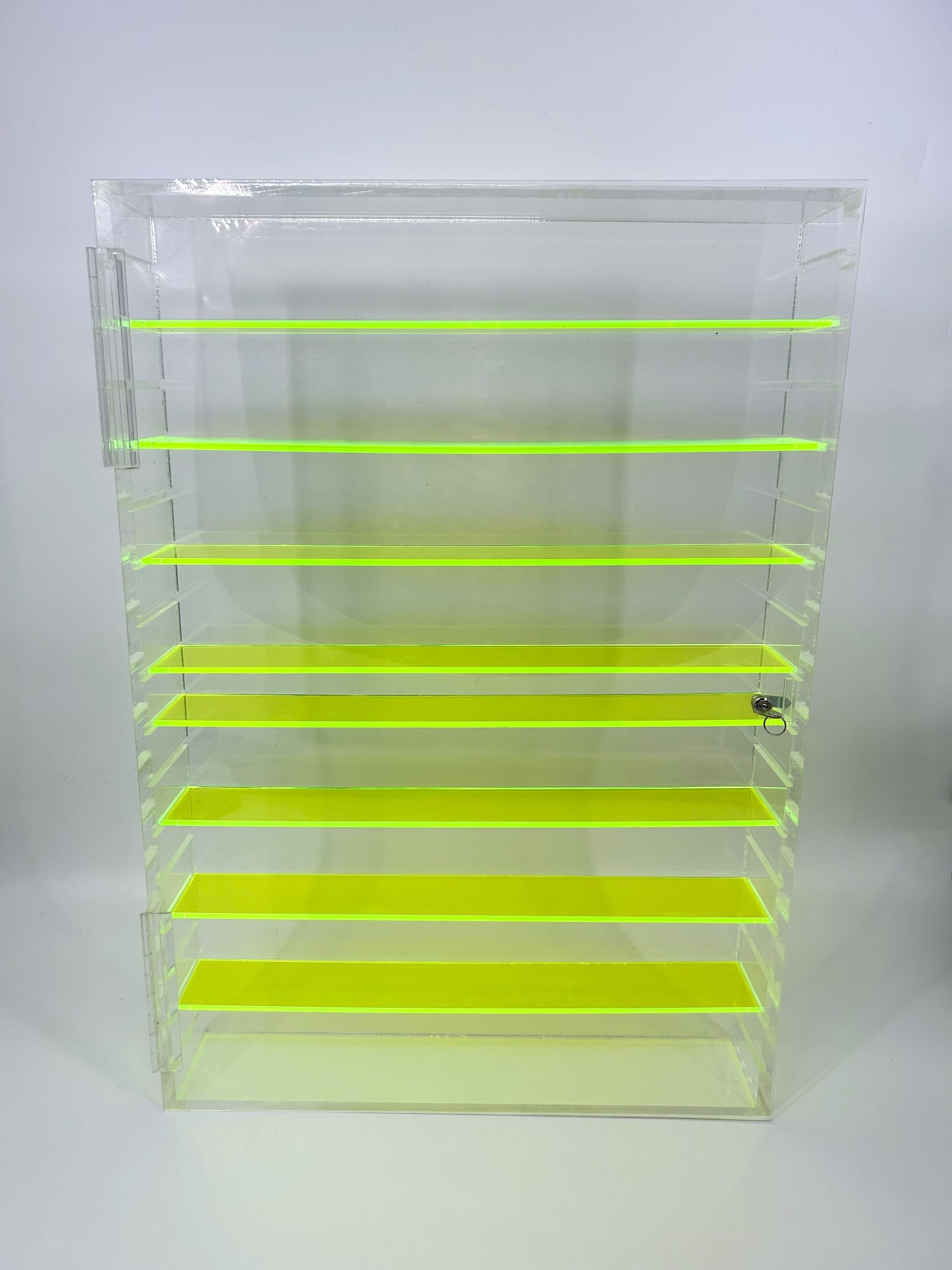 Custom Lockable Acrylic Display w/ Adjustable Fluorescent Green Acrylic Shelves