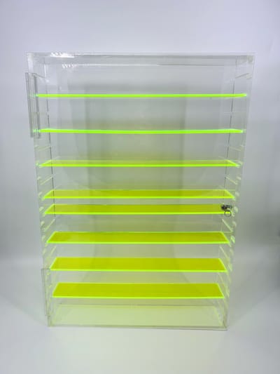 Custom Lockable Acrylic Display w/ Adjustable Fluorescent Green Acrylic Shelves