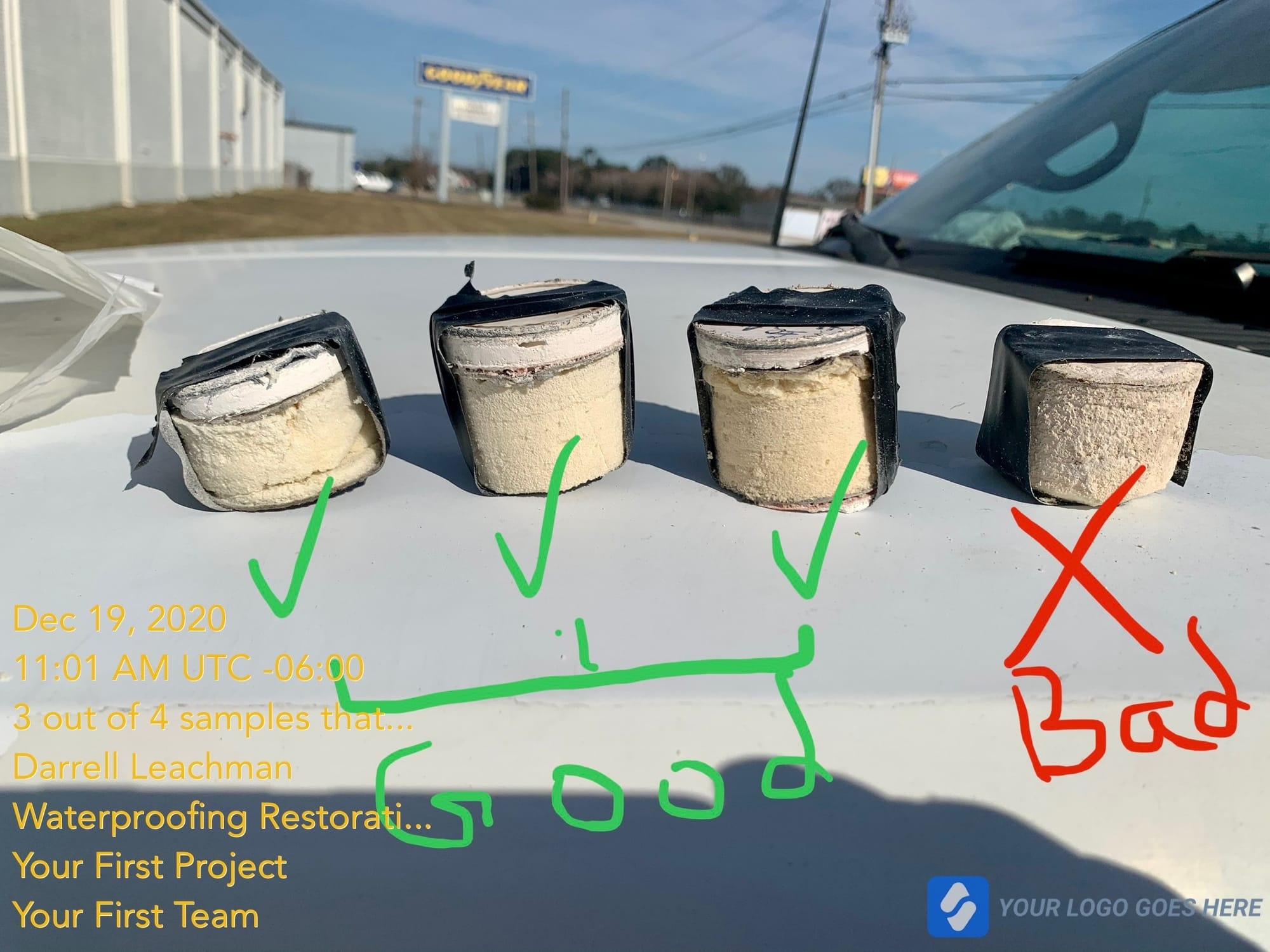 Core samples from roof