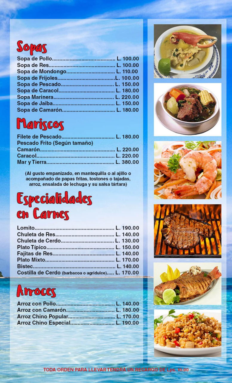 Sopas, Mariscos, carnes y arroz