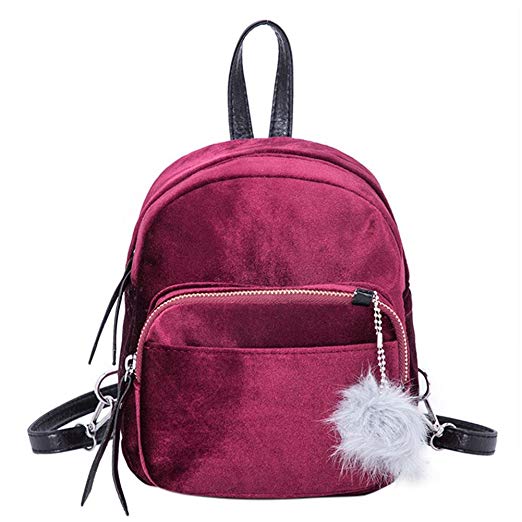 Demiawaking Girls Cute Backpack School Bags Pom Pom Mini Velvet Travel Rucksack Casual Book Bags Satchel Daypack for Teenager / AED:99.97