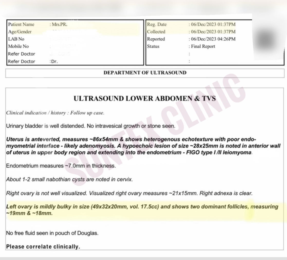 Mrs Pr ultrasound report after 3 months of Ayurvedic treatment