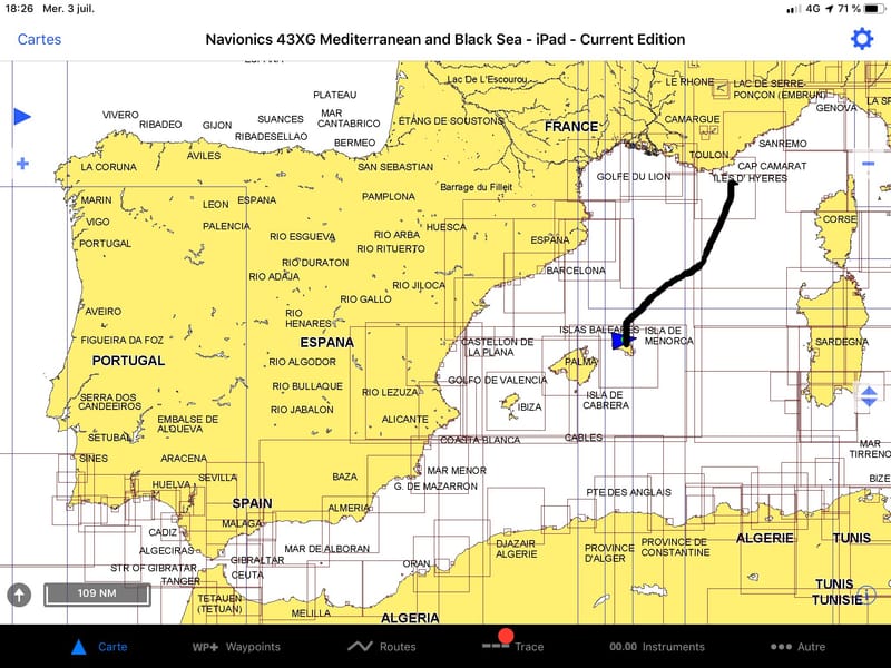 Carte du trajet Port Cros / Minorque