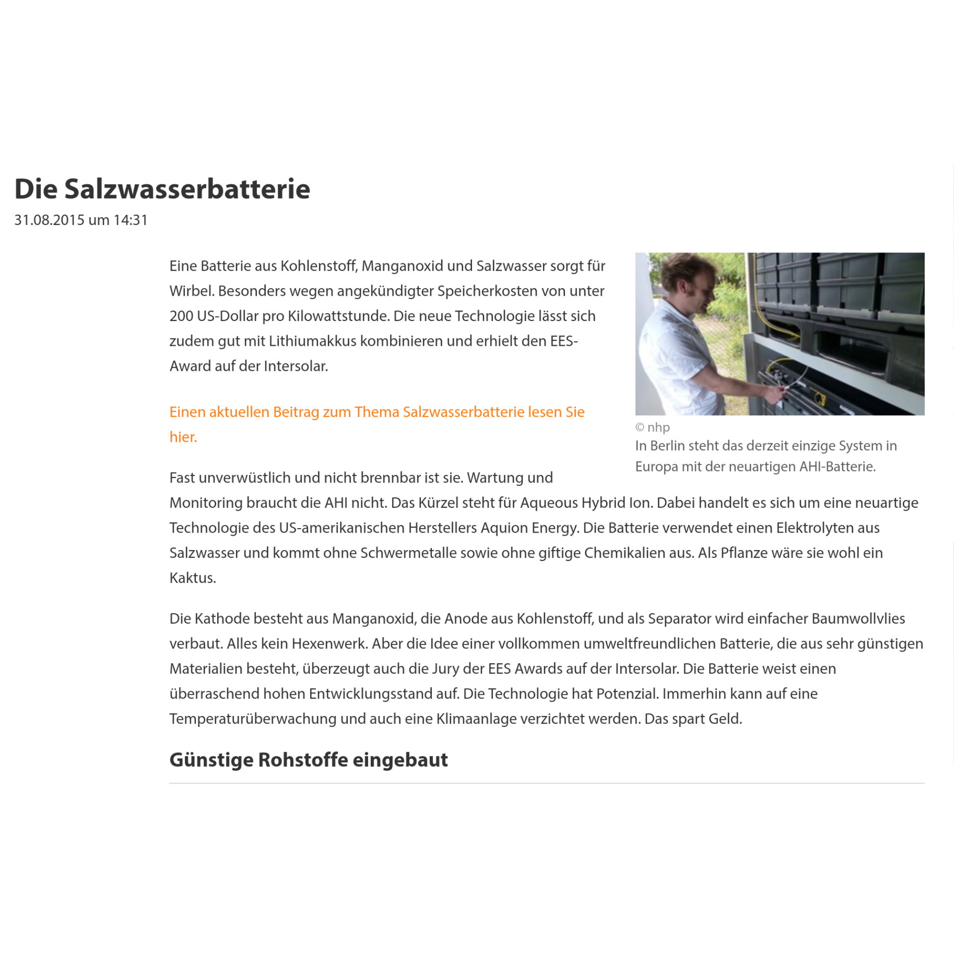 Zukunftsweisende Technik: hier die Salzwasserbatterie; Pioneering technology: here the salt water battery