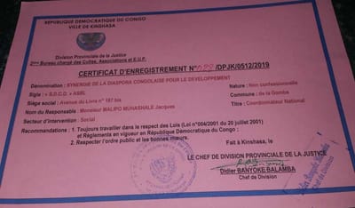 Certificat d'enregistrement  permettant la SDCD Asbl de fonctionner à Kinshasa image