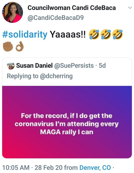 ‘If I do get Coronavirus I’m attending every MAGA rally I can’; Denver councilwoman quotes ‘solidarity’ to tweet