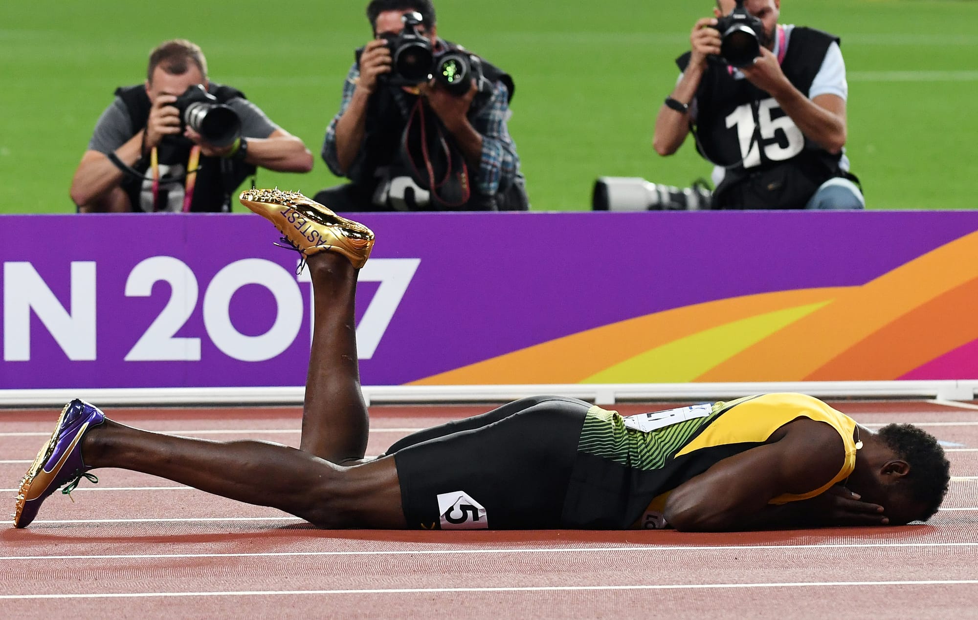 Usain Bolt falls, World Athletics championships, London, 2017.