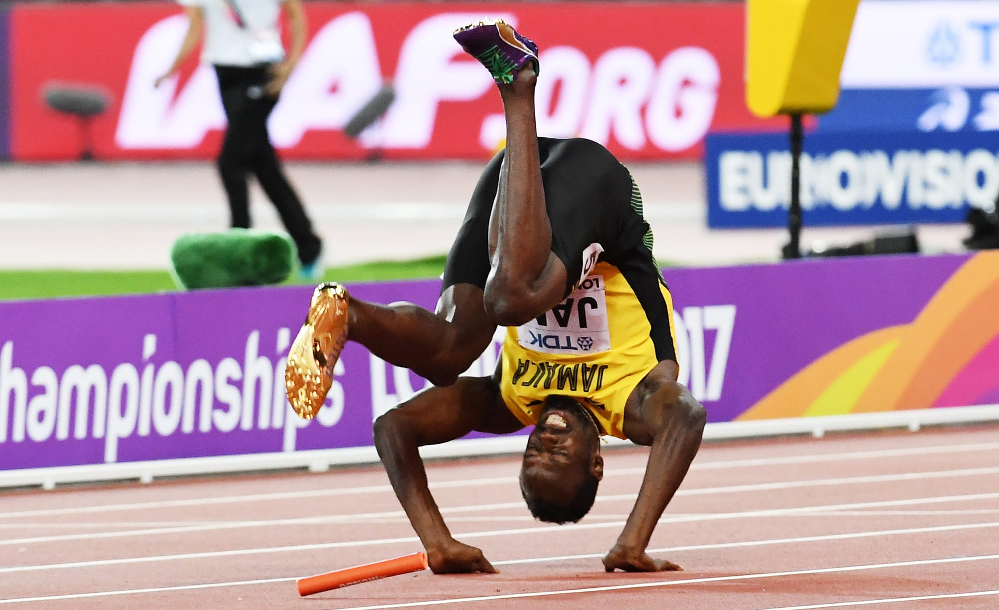 Usain Bolt falls, World Athletics championships, London, 2017.