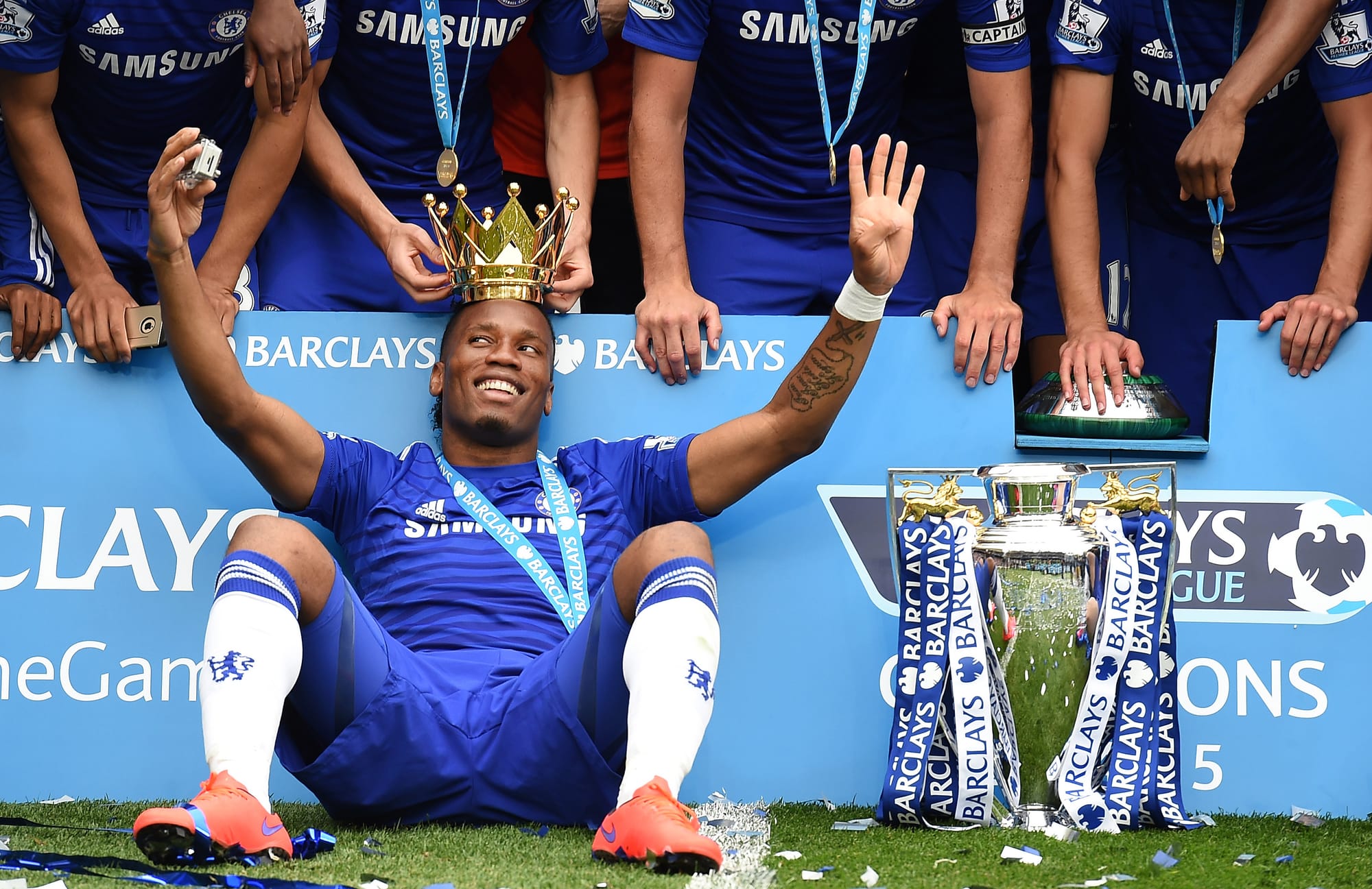 Didier Drogba celebrates Premier League title, London, 2015.