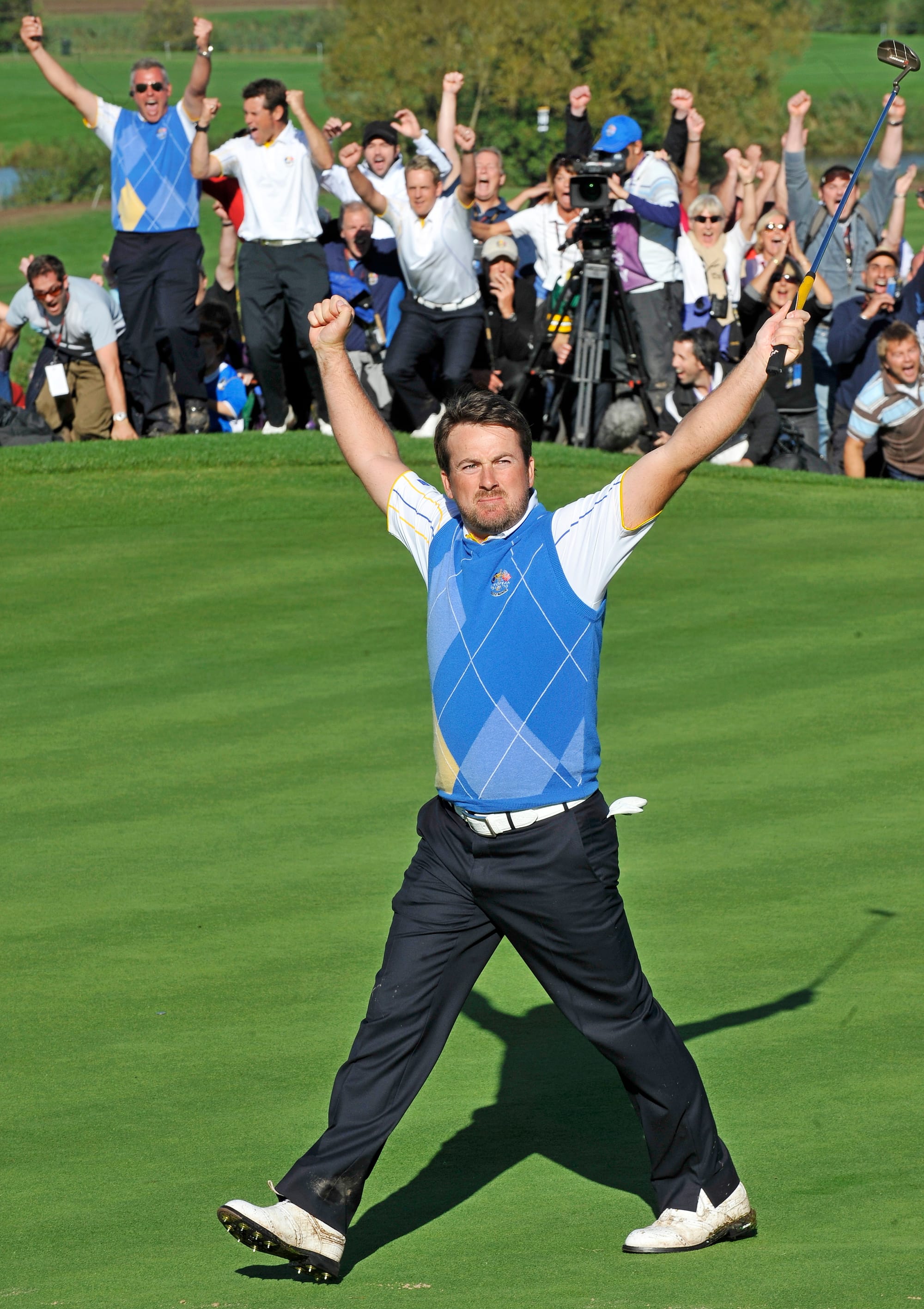 Europe's Graham McDowell celebrates - Wales, Ryder Cup 2011