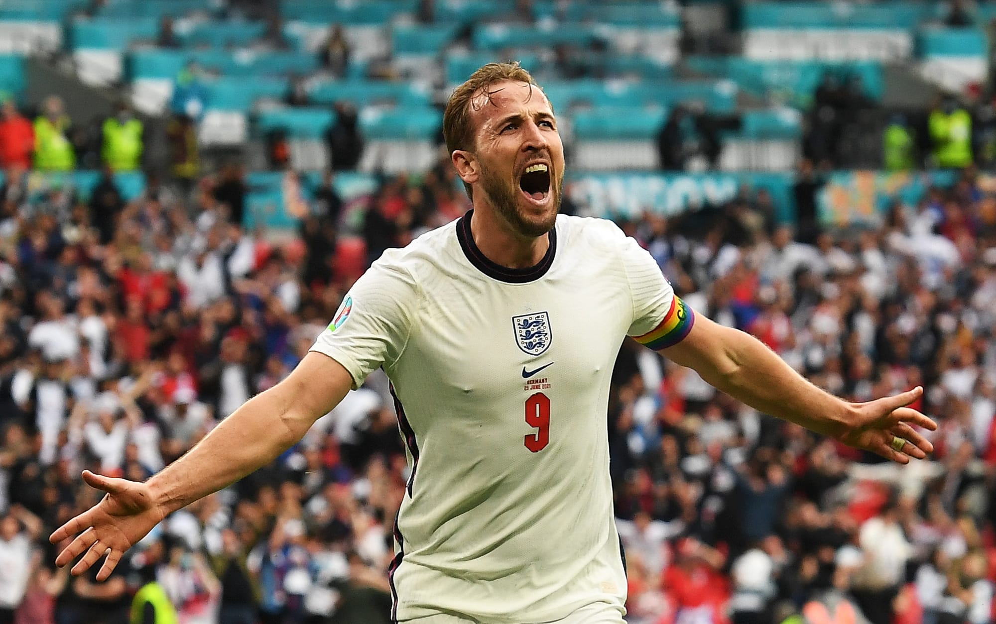 England's Harry Kane scores against Germany. Euros 2020. London.