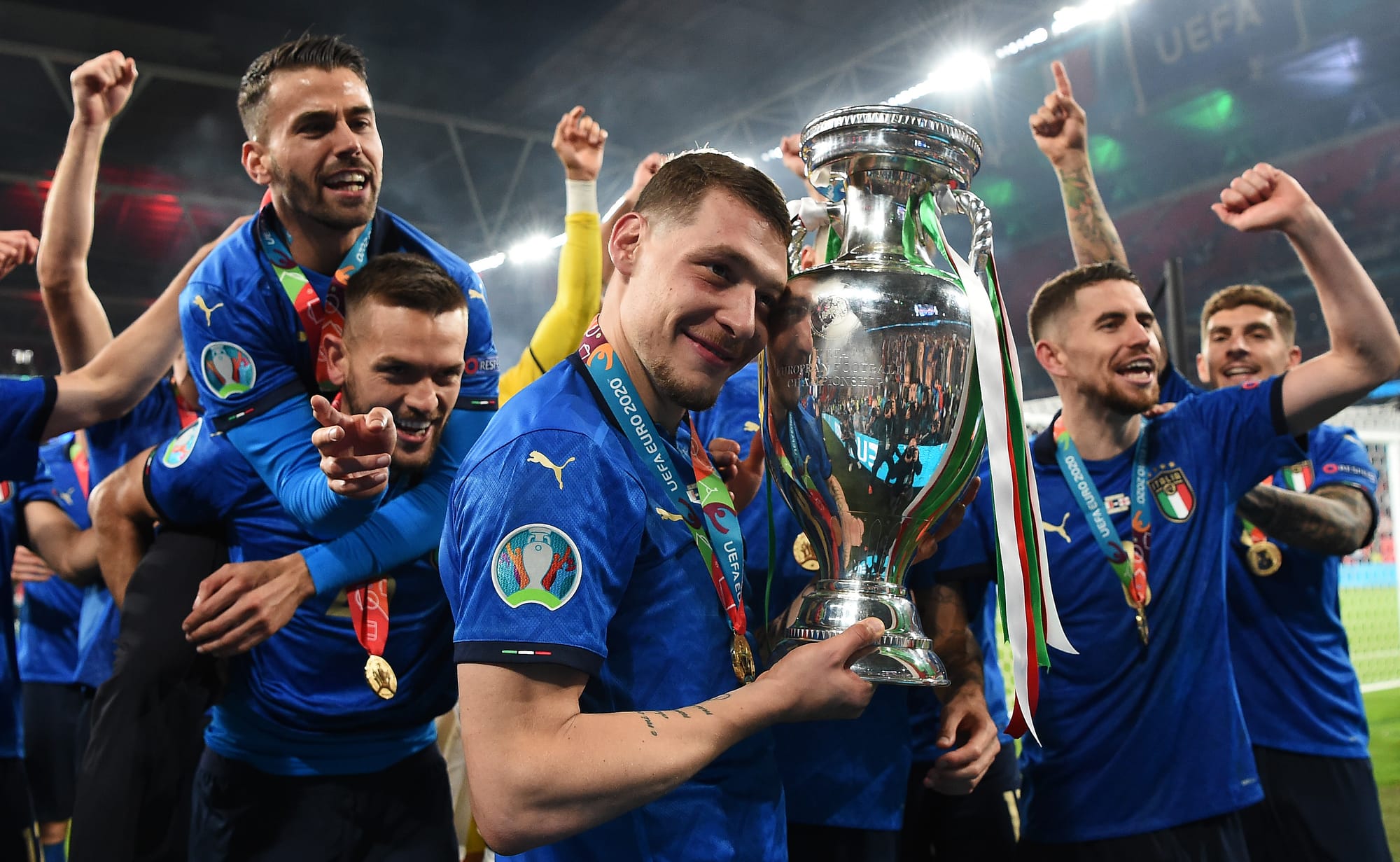 Italian players celebrate winning Euros 2020 at Wembley Stadium in London.