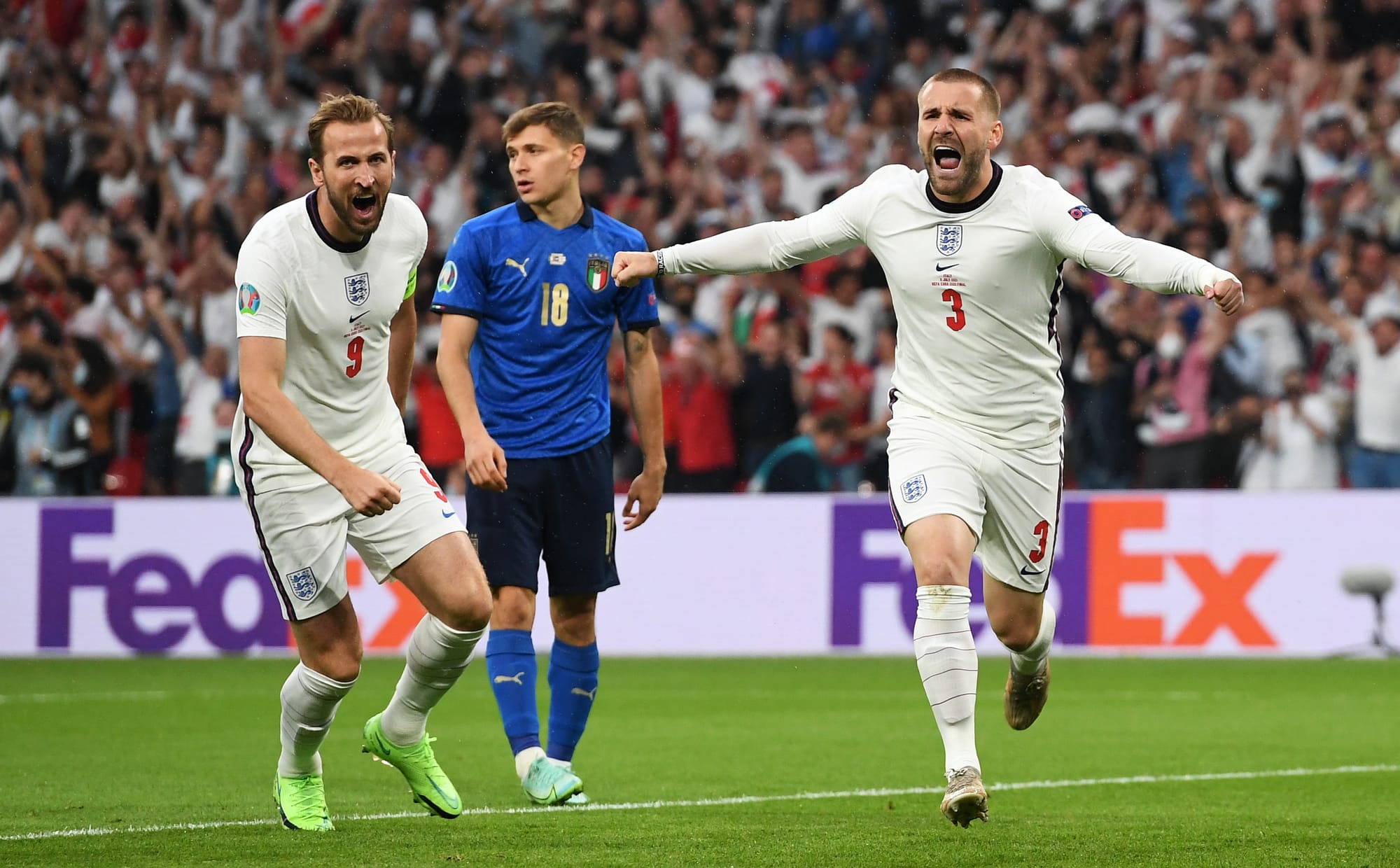 England's Luke Shaw celebrates after scoring against Italy. Euros 2020. London