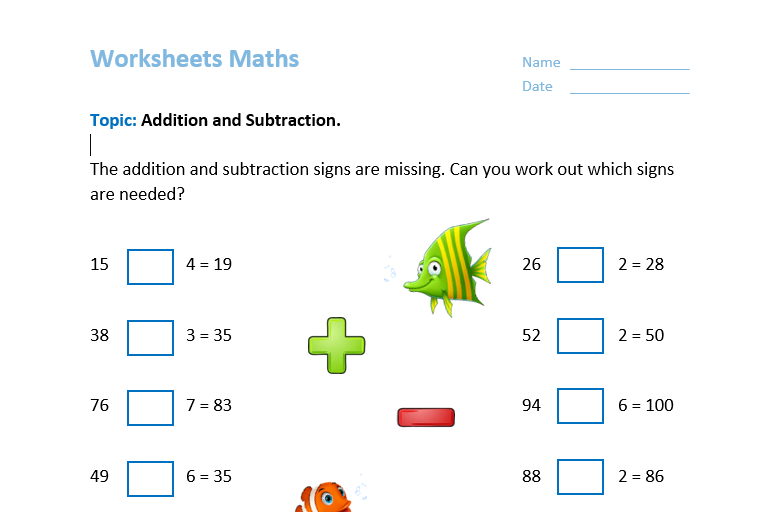Addition Topic Worksheets topic: Addition and Subtration