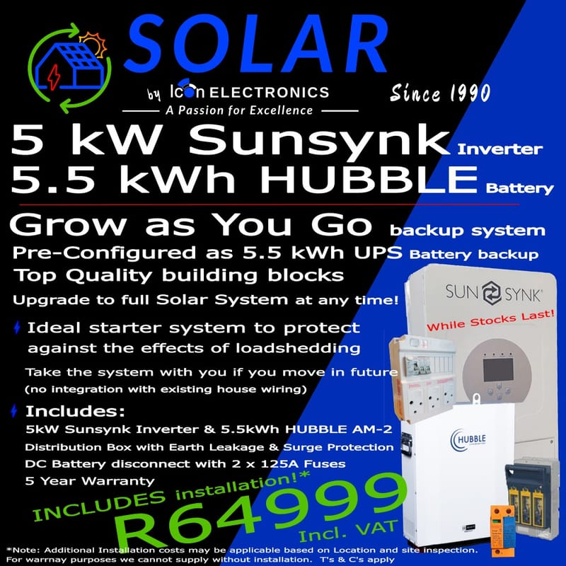 5kW UPS type Backup System 5kW Sunsynk Inverter & 5kWh Hubble Battery ...