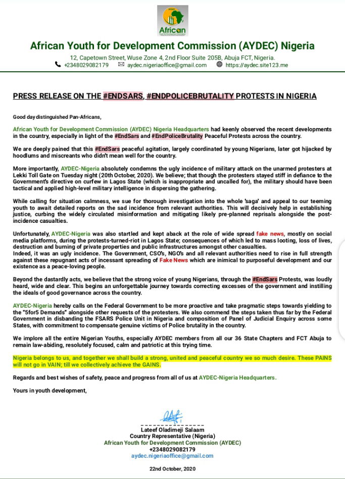 AYDEC-Nigeria's Press Release on #EndSars, #EndPoliceBrutality Protests in Nigeria