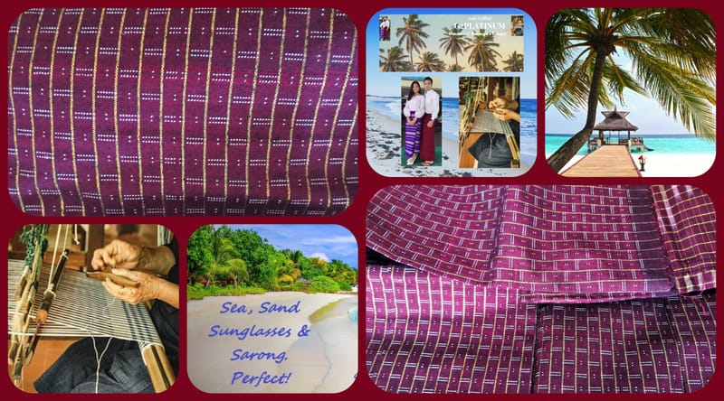 mens Sarong longyi cotton dark red wine & Gold stripes handmade Asian Myanmar