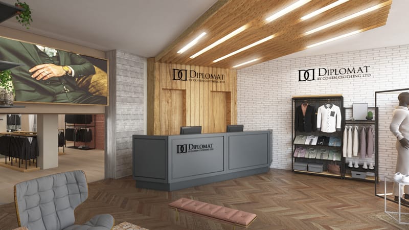 "DIPLOMAT" עיצוב חנות יוקרה לחליפות ואקססוריז לגברים.