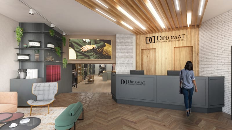 "DIPLOMAT" עיצוב חנות יוקרה לחליפות ואקססוריז לגברים.