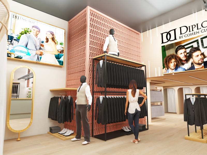 "DIPLOMAT" עיצוב חנות יוקרה לחליפות ואקססוריז לגברים.