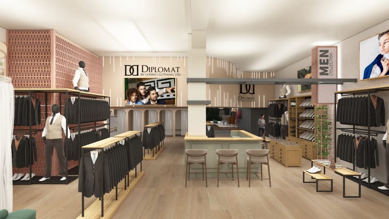 "DIPLOMAT" עיצוב חנות יוקרה לחליפות ואקססוריז לגברים.