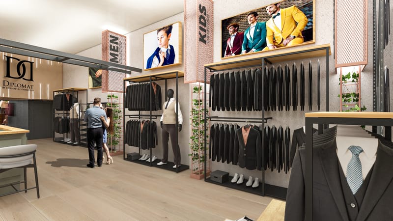"DIPLOMAT" עיצוב חנות יוקרה לחליפות ואקססוריז לגברים.