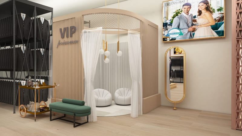 "DIPLOMAT" עיצוב חנות יוקרה לחליפות ואקססוריז לגברים.