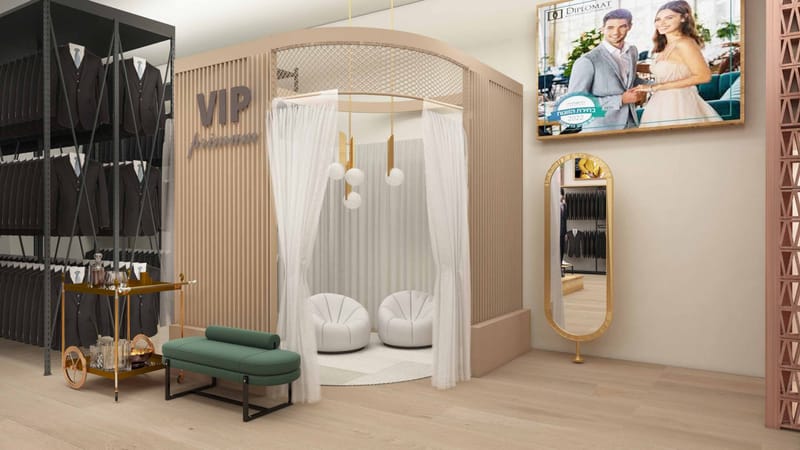 "DIPLOMAT" עיצוב חנות יוקרה לחליפות ואקססוריז לגברים.