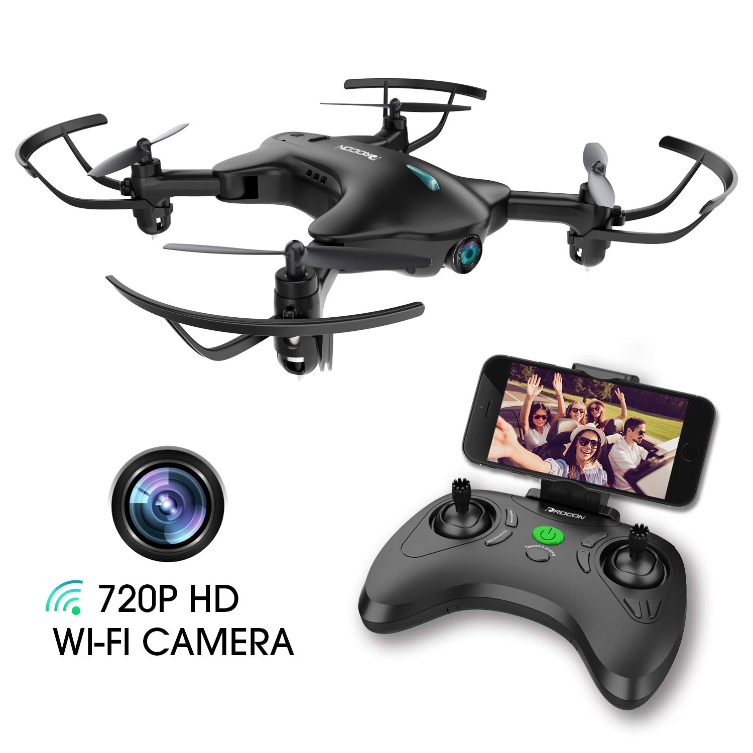 Dron DROCON con cámara, dron FPV RC con cámara Wi-Fi HD 720p, dron cuadricóptero para niños y principiantes – Altitud sostenida, modo sin cabeza, brazos plegables, una tecla despegar/aterrizaje, negro