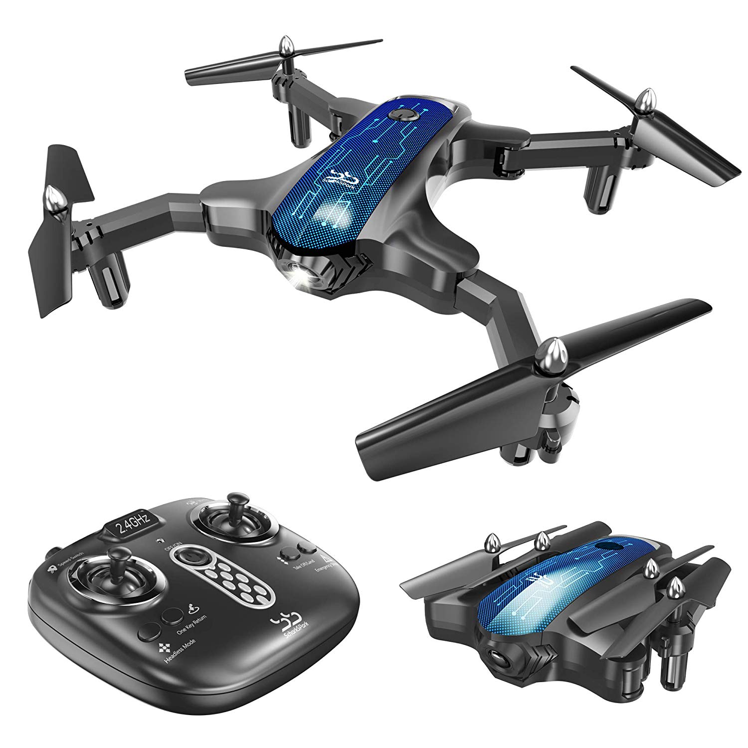 ScharkSpark Drone para principiantes, mini cuadricóptero RC portátil con brazos plegables para uso en interiores/al aire libre, 6 ejes Gyro de una llave/modo sin cabeza/soporte de altitud/3D flips, Warrior II