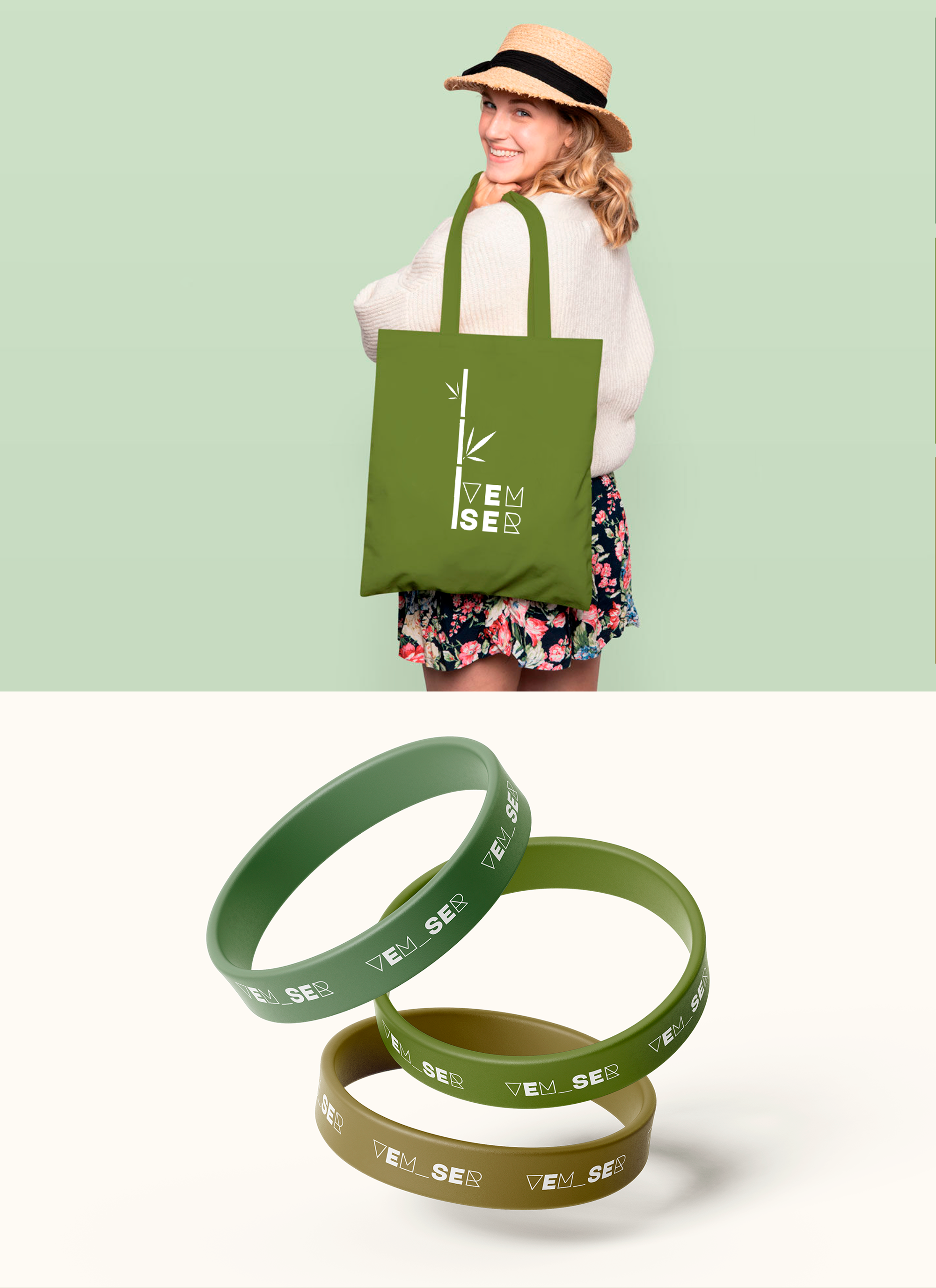 Marca aplicada em bolsa ecológica e em pulseiras de borracha