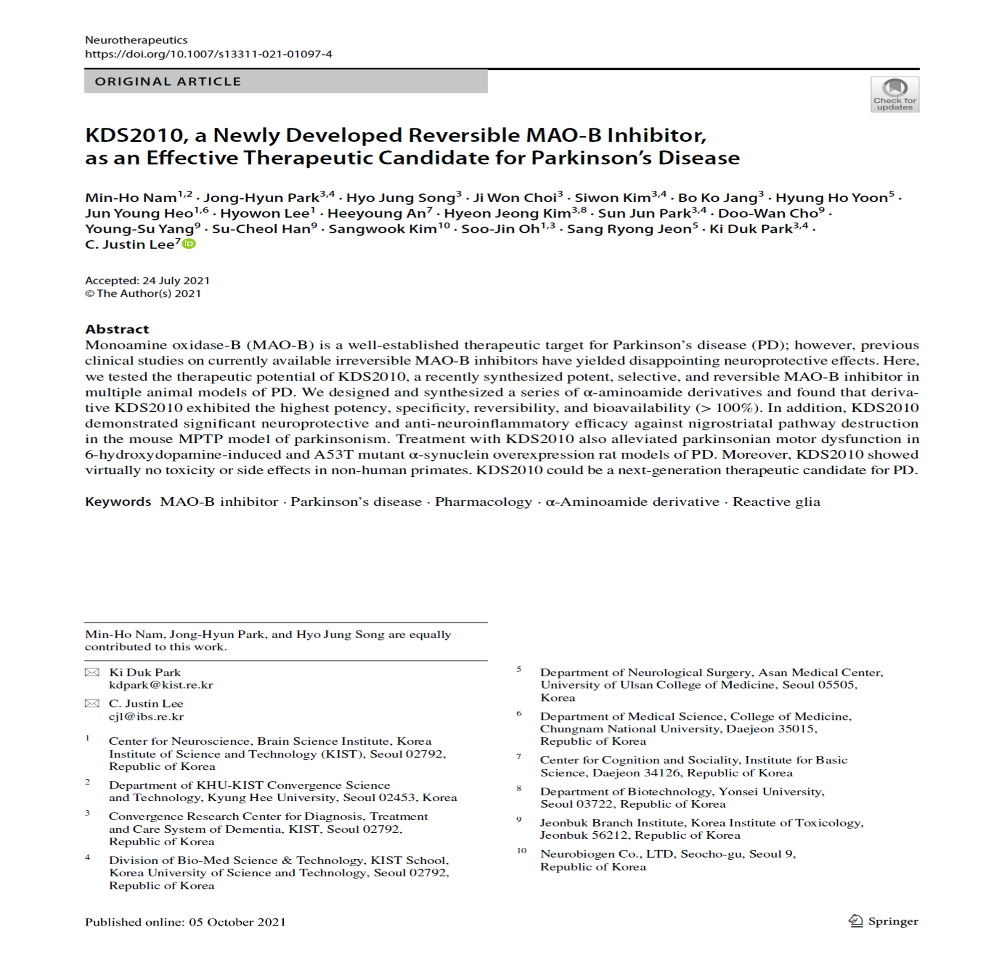 Our new manuscript has been published in Neurotherapeutics!