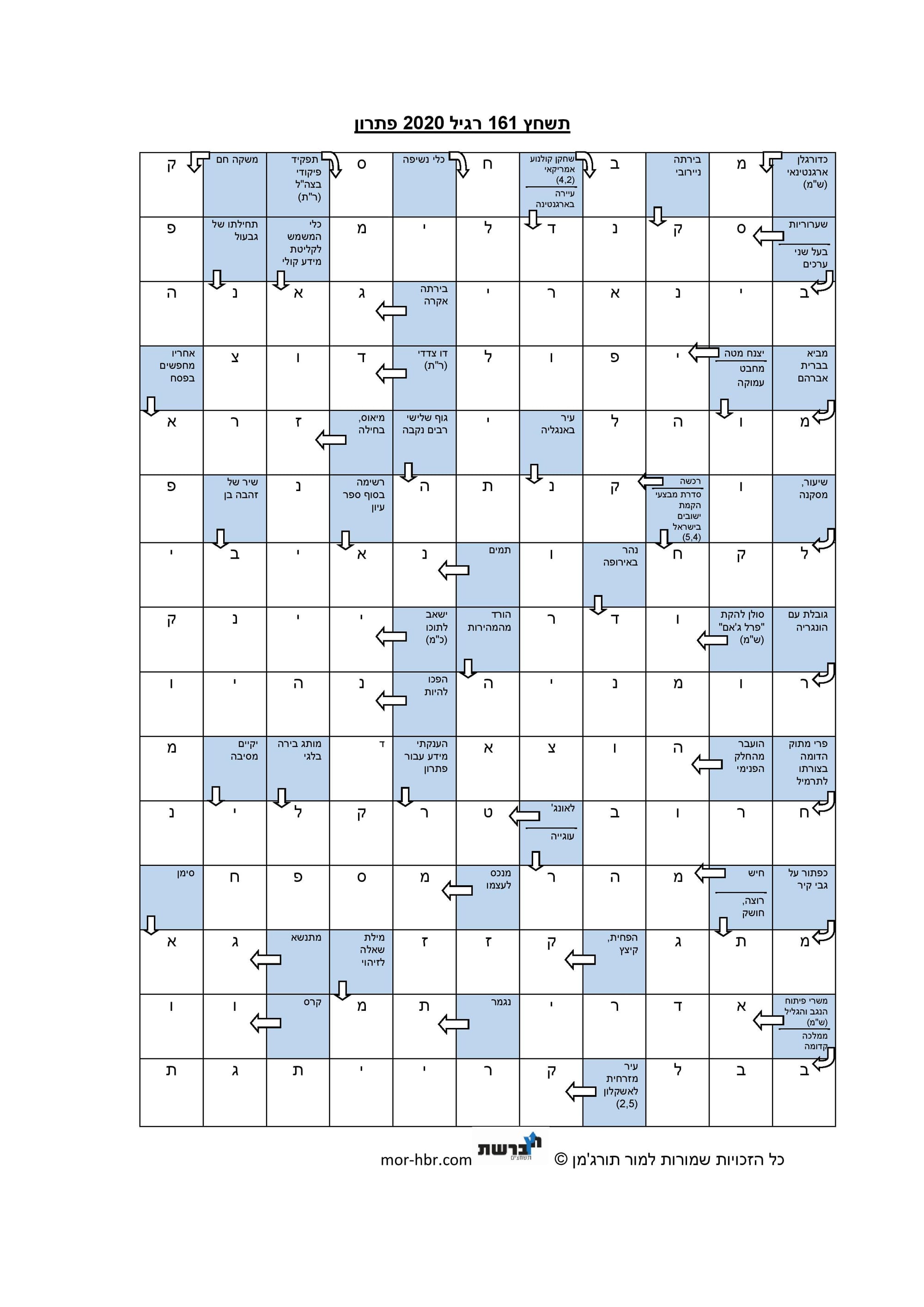 תשחץ 161 רגיל 2020 פתרון